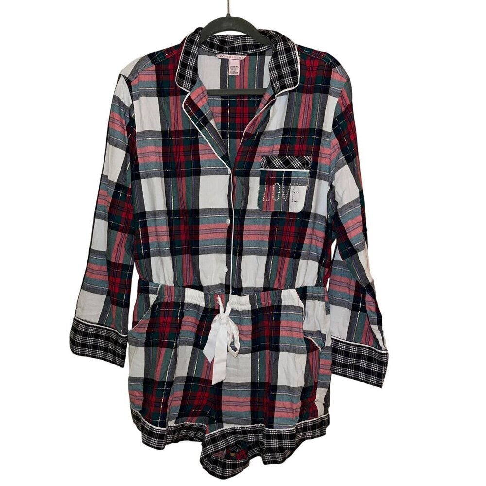 Victorias Secret Womens Romper Size L Multicolor Christmas Plaid Love Rhinestone